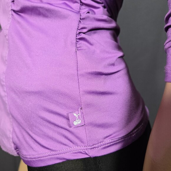 Y2K Zip Up Tie Back Blouse Office Siren Whimsigoth Size S Purple Fitted Ruched - Picture 8 of 13